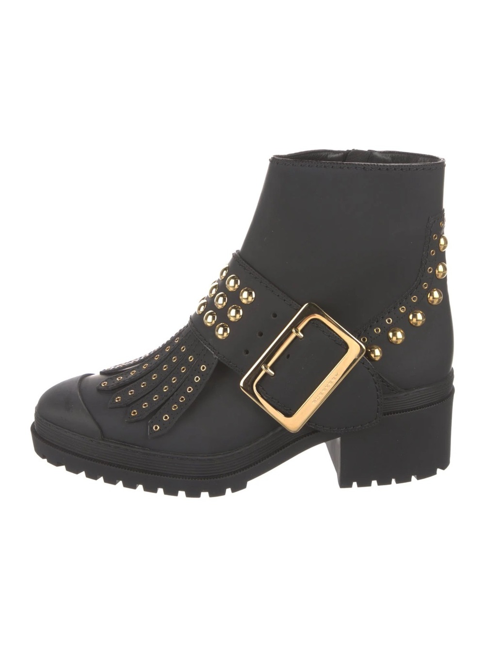 Burberry Black Ankle Boot with Gold Buckle and Studs Size 9.5